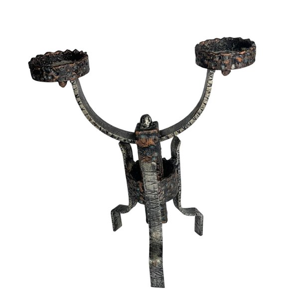 Medieval Brutalist Goth Style Wrought Iron Dual Candle Holder Patina Finish Vtg - Picture 1 of 8